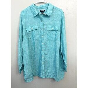 Lands' End Turquoise 100% Linen Women's 2X  Long Sleeve Shirt Roll-up Tabs Boxy